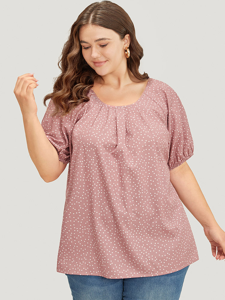 

Plus Size DustyPink Polka Dot Pleated Round Neck Puff Sleeve Blouse Women Office Short sleeve Round Neck Work Blouses BloomChic