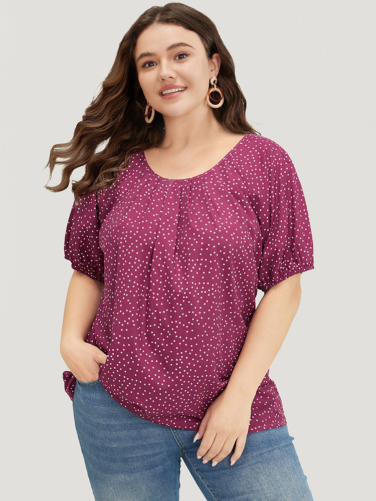 

Plus Size RedViolet Polka Dot Pleated Round Neck Puff Sleeve Blouse Women Office Short sleeve Round Neck Work Blouses BloomChic