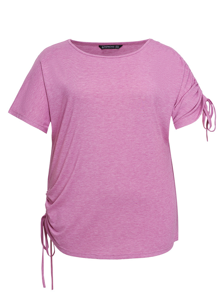 

Plus Size Solid Drawstring Side Batwing Sleeve Heather T-shirt Lilac Women Elegant Heather Plain Round Neck Dailywear T-shirts BloomChic
