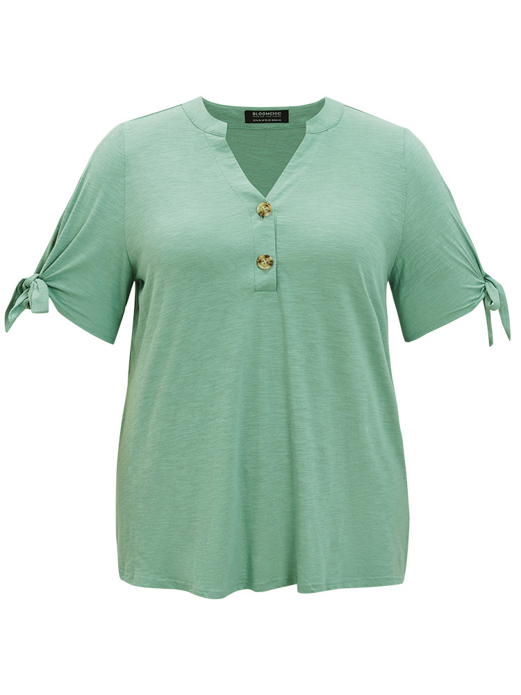 

Plus Size Solid Button Up Notched Knot Sleeve Cut Out T-shirt Mint Women Casual Heather Plain Notched collar Dailywear T-shirts BloomChic