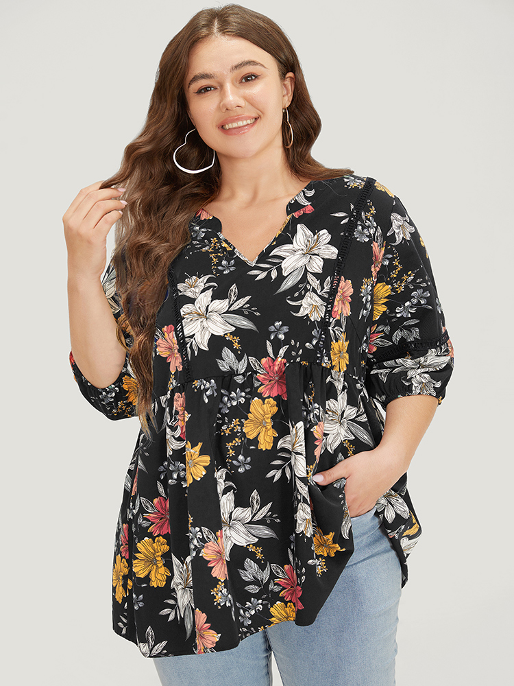 

Plus Size Black Floral Lantern Sleeve Lace Gathered Notched Blouse Women Elegant Elbow-length sleeve Notched collar Dailywear Blouses BloomChic