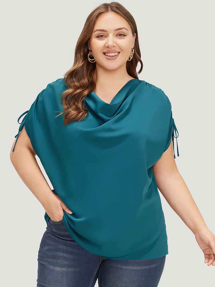 

Plus Size Aegean Solid Cowl Neck Drawstring Sleeve Blouse Women Office Short sleeve Cowl Neck Work Blouses BloomChic