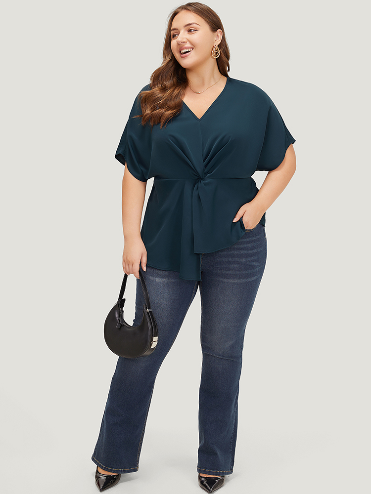 Plus Size Women Dailywear Plain Plain Dolman Sleeve Short sleeve V-neck Office Blouses BloomChic 