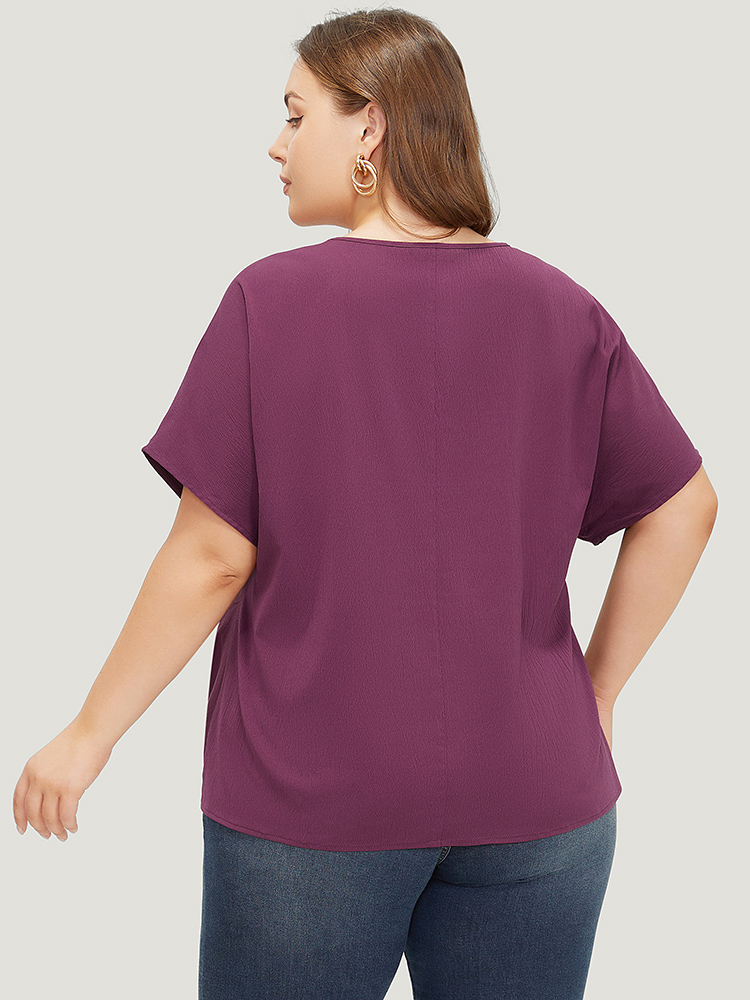 Plus Size Purple Solid Lace Insert Dolman Sleeve Knot Hem Blouse Women Office Short sleeve Round Neck Dailywear Blouses BloomChic 26/4X 