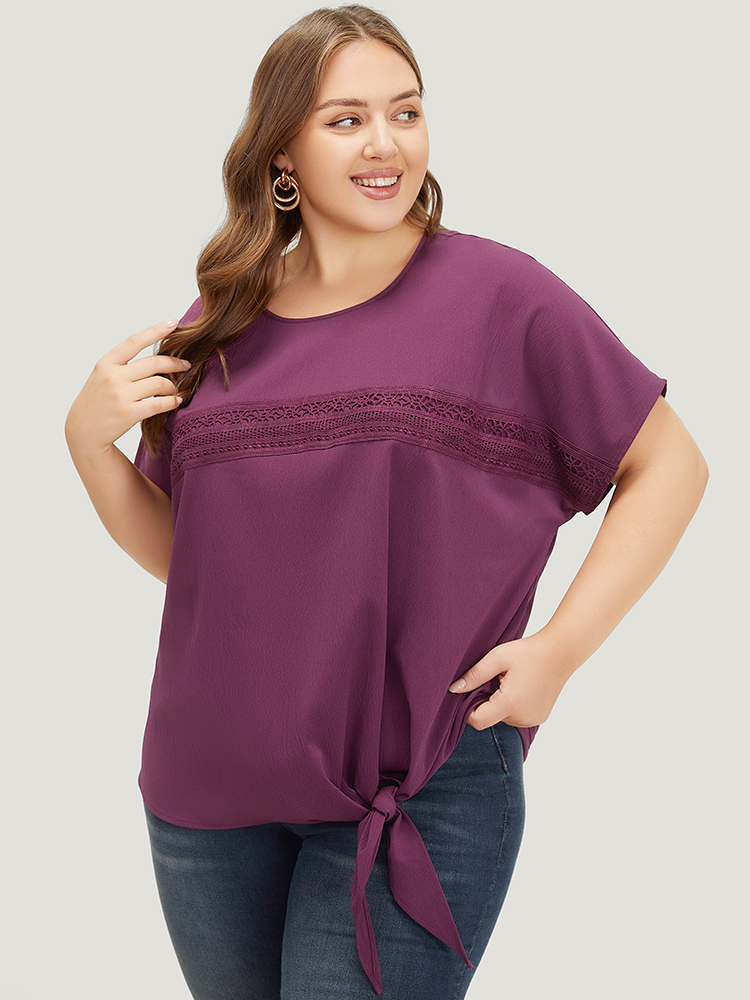 Plus Size Purple Solid Lace Insert Dolman Sleeve Knot Hem Blouse Women Office Short sleeve Round Neck Dailywear Blouses BloomChic 26/4X 