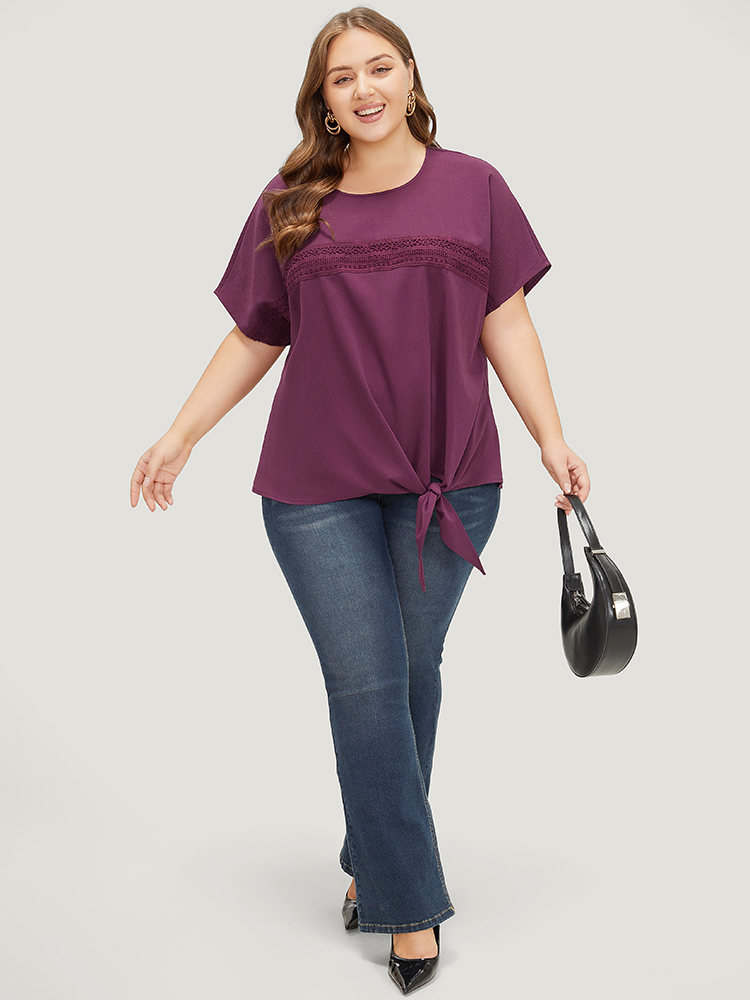 Plus Size Purple Solid Lace Insert Dolman Sleeve Knot Hem Blouse Women Office Short sleeve Round Neck Dailywear Blouses BloomChic 26/4X 