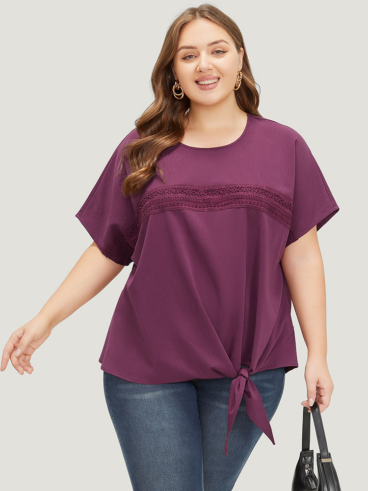 Plus Size Purple Solid Lace Insert Dolman Sleeve Knot Hem Blouse Women Office Short sleeve Round Neck Dailywear Blouses BloomChic 26/4X 