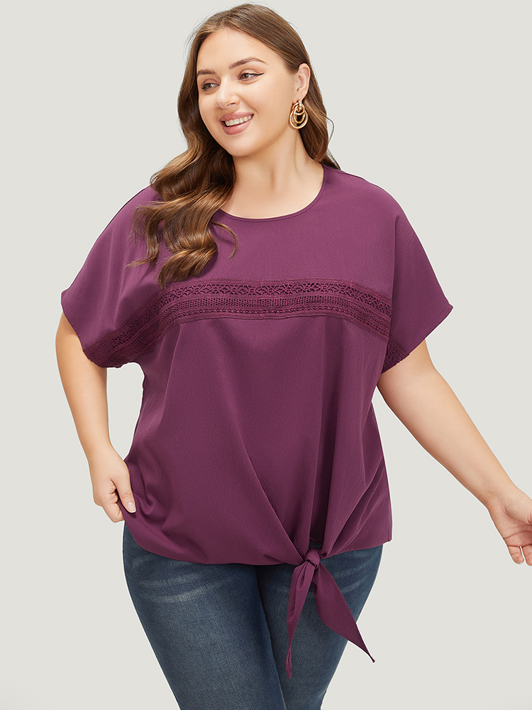 Plus Size Purple Solid Lace Insert Dolman Sleeve Knot Hem Blouse Women Office Short sleeve Round Neck Dailywear Blouses BloomChic 26/4X 