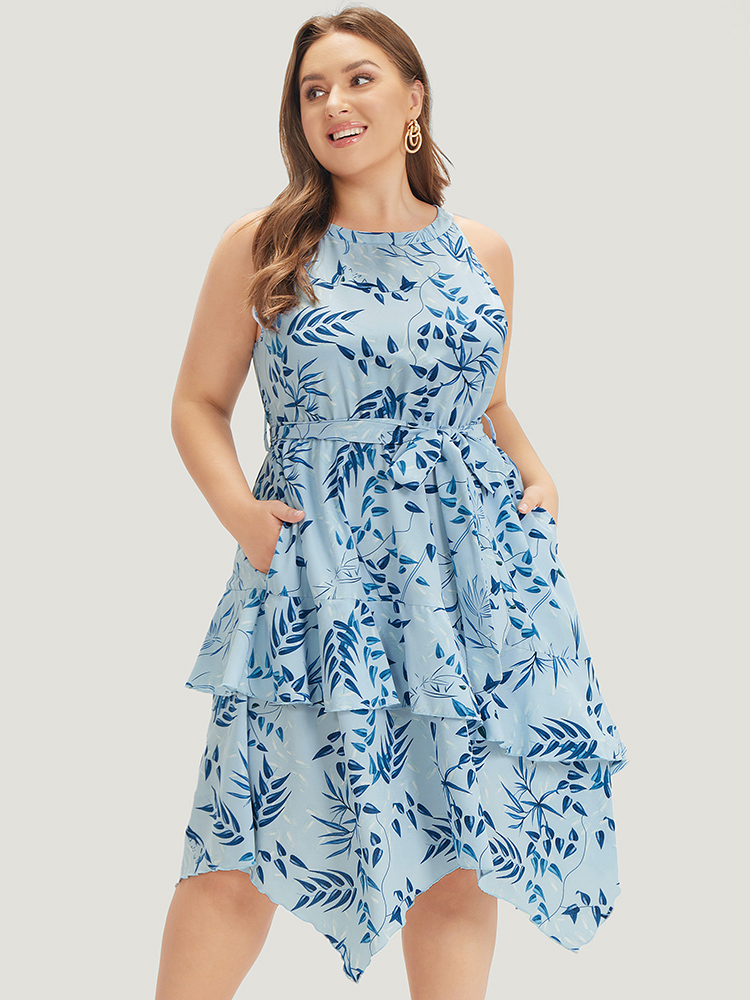 

Plus Size Plant Print Pocket Layered Hanky Hem Dress LightBlue Women Elegant Asymmetrical Halter neck Sleeveless Curvy Knee Dress BloomChic