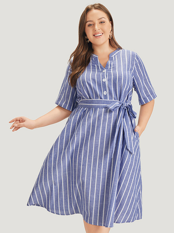 

Plus Size Striped Print Belt Pocket Notched Button Up Dress Blue Women Office Cross straps Notched collar Short sleeve Curvy Midi Dress BloomChic