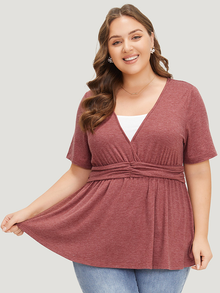 

Plus Size Two Tone Heather Ruched Ruffle Hem 2-In-1 T-shirt Russet V-neck Short sleeve Elegant Jersey Tops