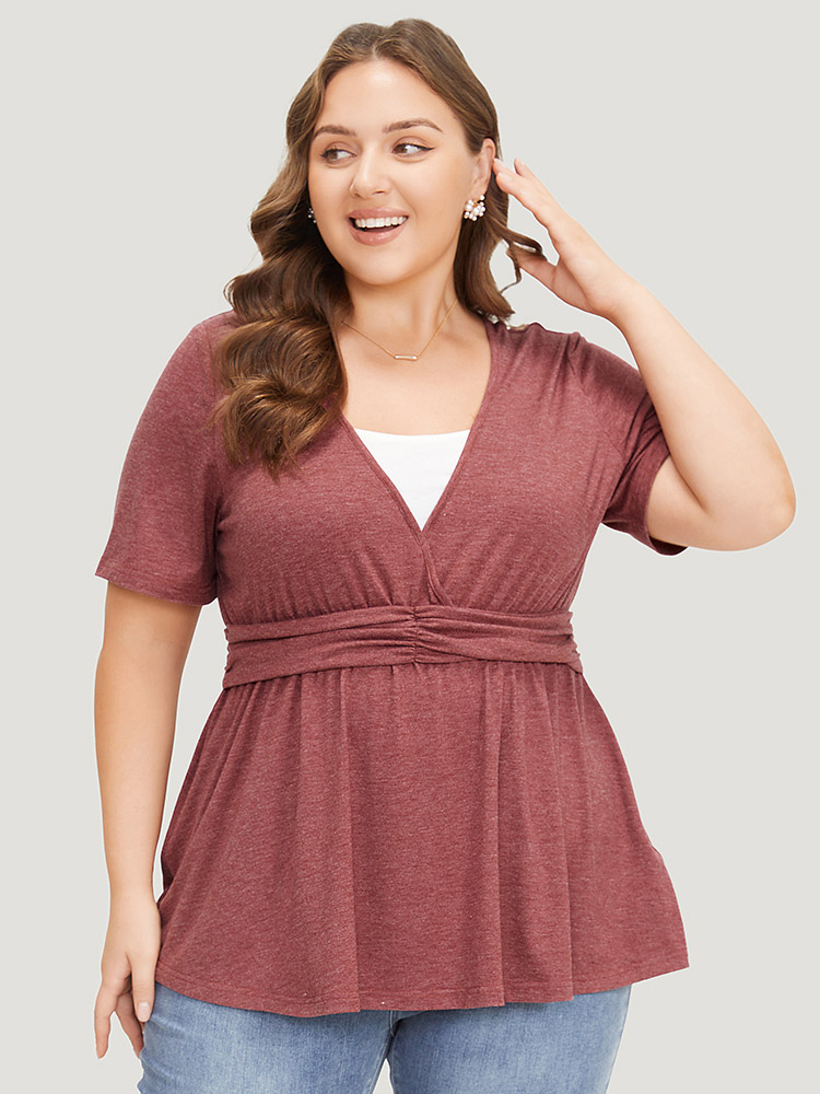 

Plus Size Two Tone Heather Ruched Ruffle Hem 2-In-1 T-shirt Russet V-neck Short sleeve Elegant Jersey Tops