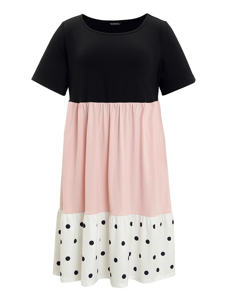 

Plus Size Colorblock Contrast Pocket Ruffles Patchwork Polka Dot Dress Pink Women Casual Contrast Round Neck Short sleeve Curvy Midi Dress BloomChic