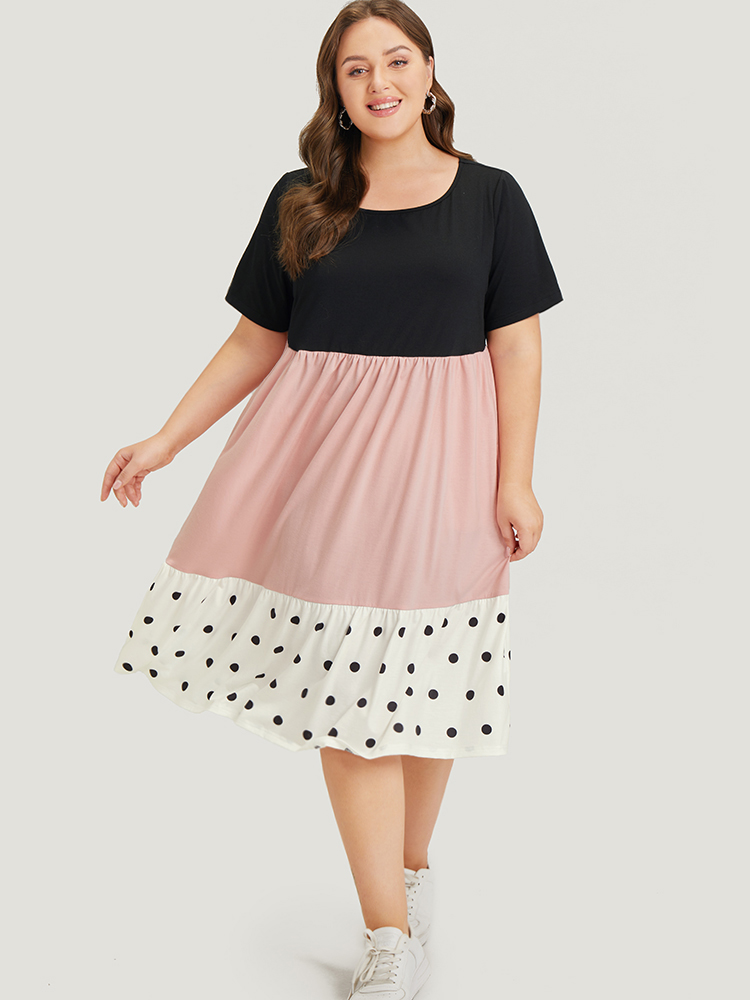 

Plus Size Colorblock Contrast Pocket Ruffles Patchwork Polka Dot Dress Pink Women Casual Contrast Round Neck Short sleeve Curvy Midi Dress BloomChic