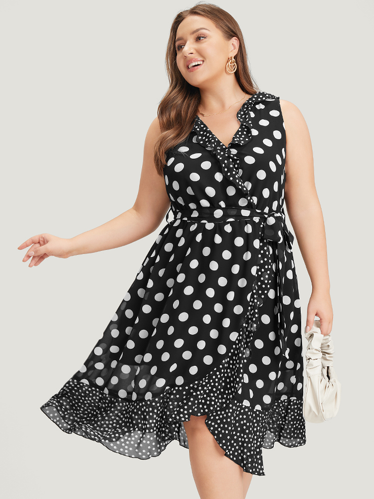 

Plus Size Polka Dot Pocket Ruffle Trim Wrap Tank Dress Black Women Elegant Wrap V-neck Sleeveless Curvy Midi Dress BloomChic