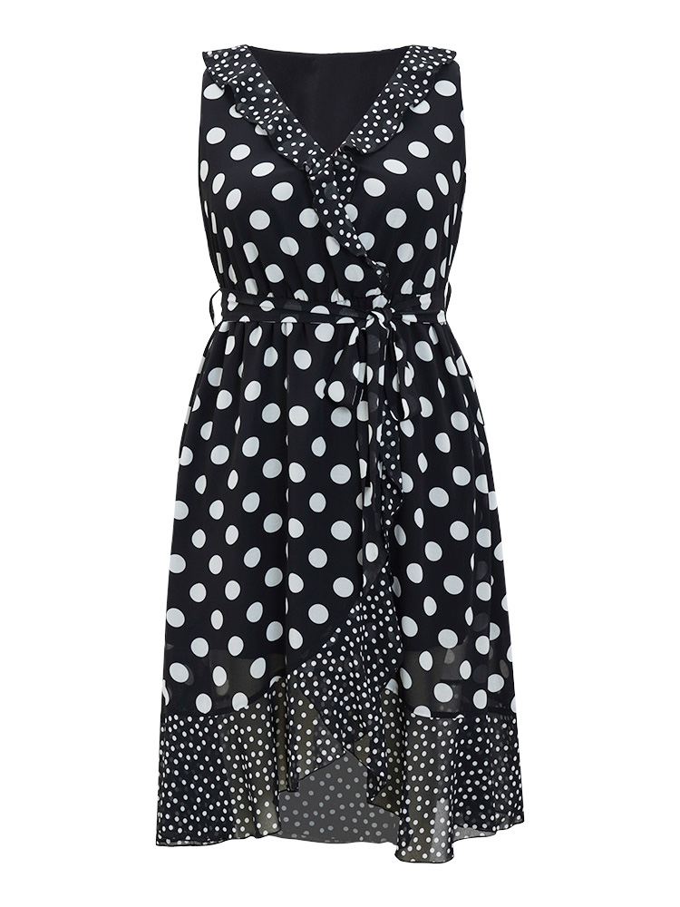 

Plus Size Polka Dot Pocket Ruffle Trim Wrap Tank Dress Black Women Elegant Wrap V-neck Sleeveless Curvy Midi Dress BloomChic