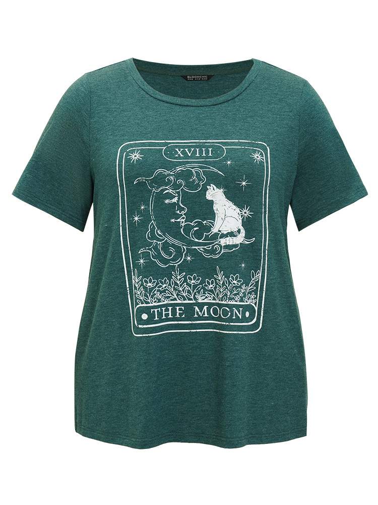 

Plus Size Cat & Moon Print Heather Graphic Tee DarkGreen Women Casual Printed Star and moon Dailywear T-shirts BloomChic