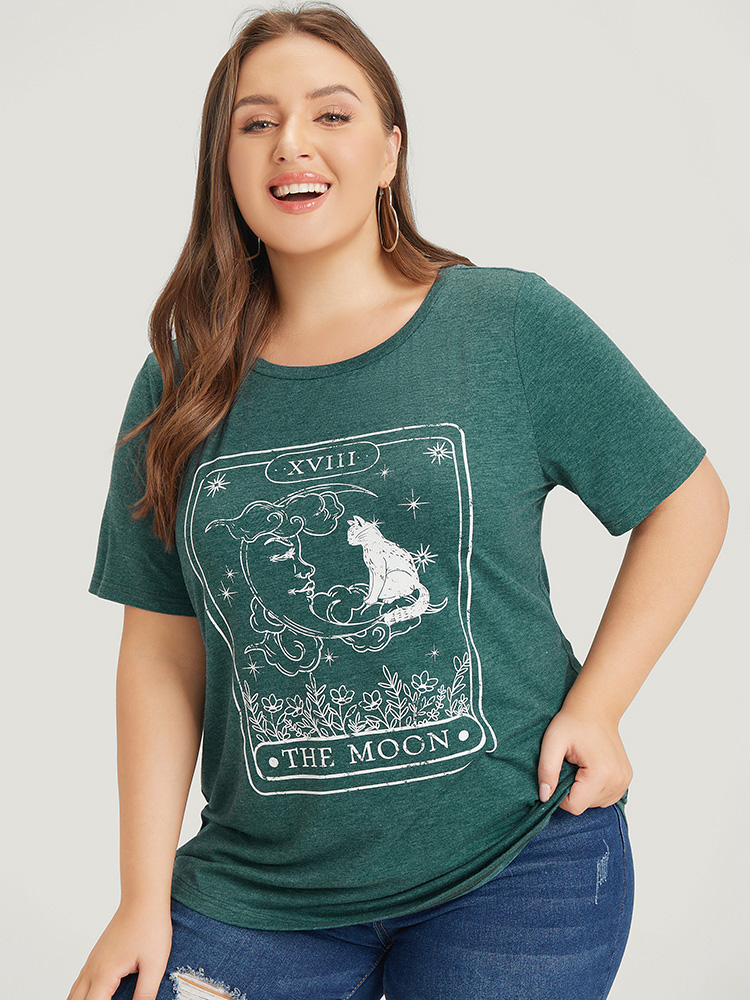 

Plus Size Cat & Moon Print Heather Graphic Tee DarkGreen Women Casual Printed Star and moon Round Neck Dailywear T-shirts BloomChic