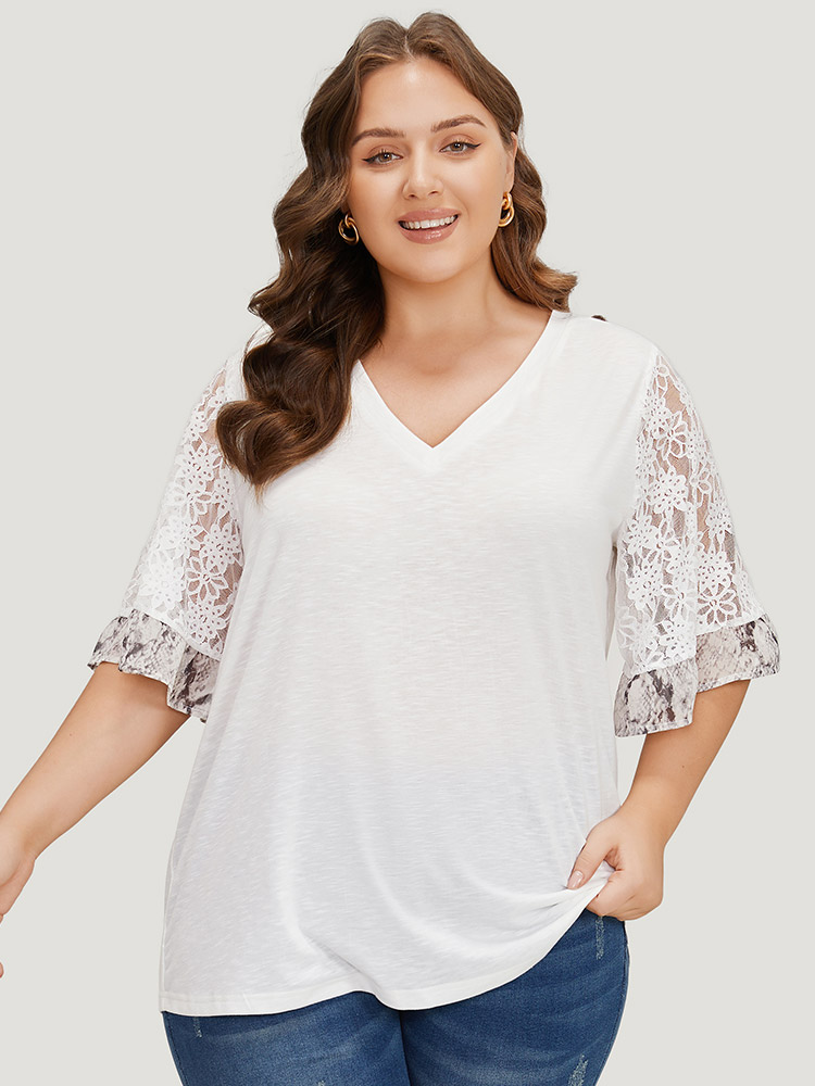 

Plain Heather Mesh Lace Bell Sleeve T-shirt, White