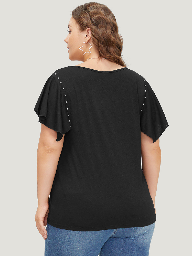 

Plus Size Plain Rivets Ruffle Sleeve T-shirt Black V-neck Short sleeve Elegant Jersey Tops