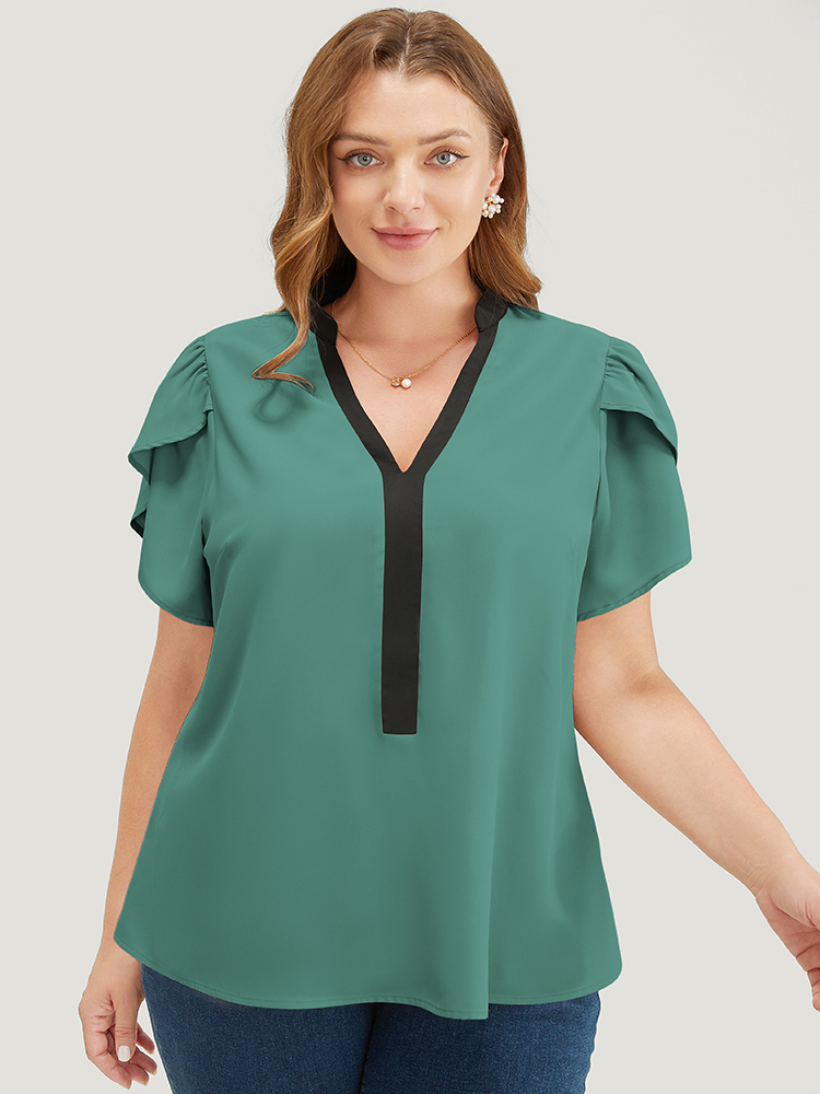 

Plus Size Teal Plain Contrast Trim Split Petal Sleeve Blouse Women Office Short sleeve Stand-up collar Dailywear Blouses BloomChic