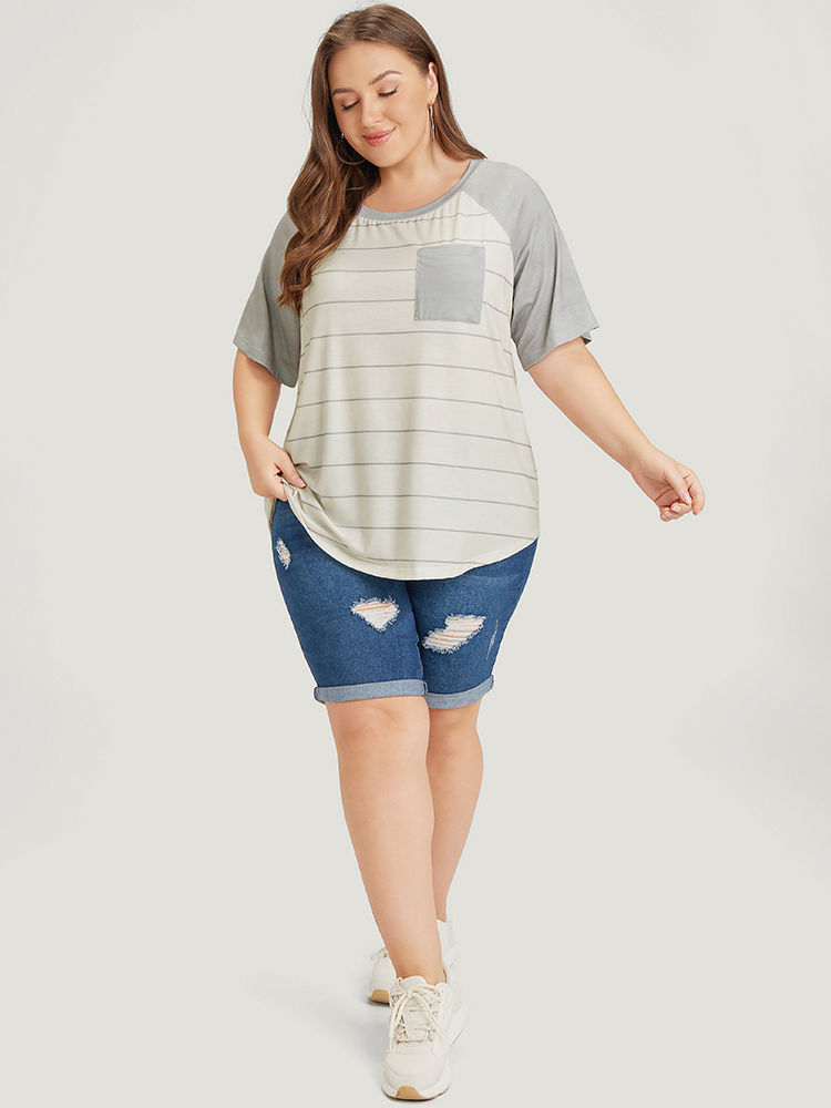 Plus Size Women Dailywear Striped Raglan sleeve Short sleeve Round Neck Casual T-shirts BloomChic 