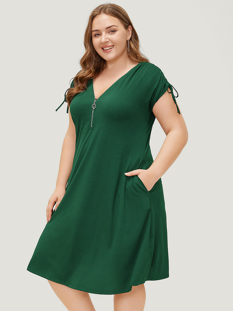 

Plus Size Solid Drawstring Sleeve Pocket Ruffle Zip Up Dress DarkGreen Women Casual Zipper V-neck Half Sleeve Curvy Knee Dress BloomChic