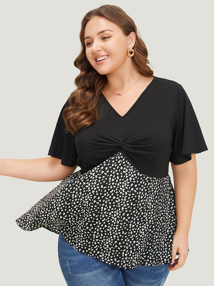 Plus Size Women Dailywear Leopard Patchwork Ruffle Sleeve Short sleeve V-neck Elegant Blouses BloomChic 