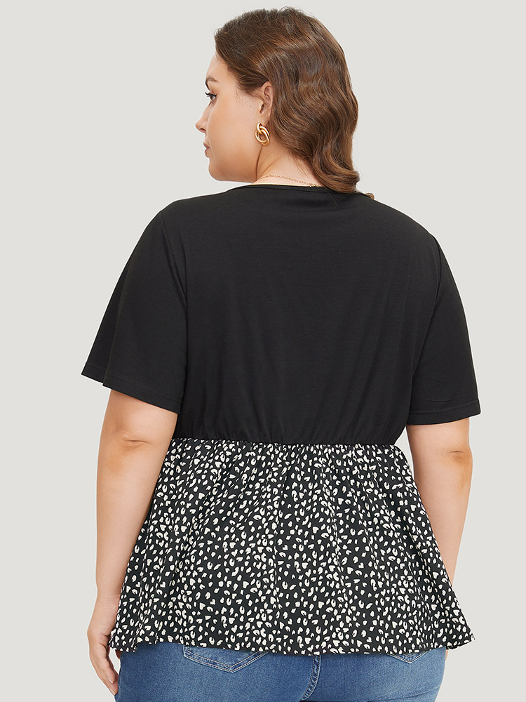 Plus Size Women Dailywear Leopard Patchwork Ruffle Sleeve Short sleeve V-neck Elegant Blouses BloomChic 