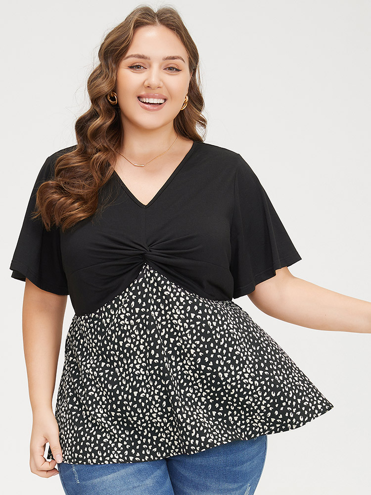 Plus Size Women Dailywear Leopard Patchwork Ruffle Sleeve Short sleeve V-neck Elegant Blouses BloomChic 
