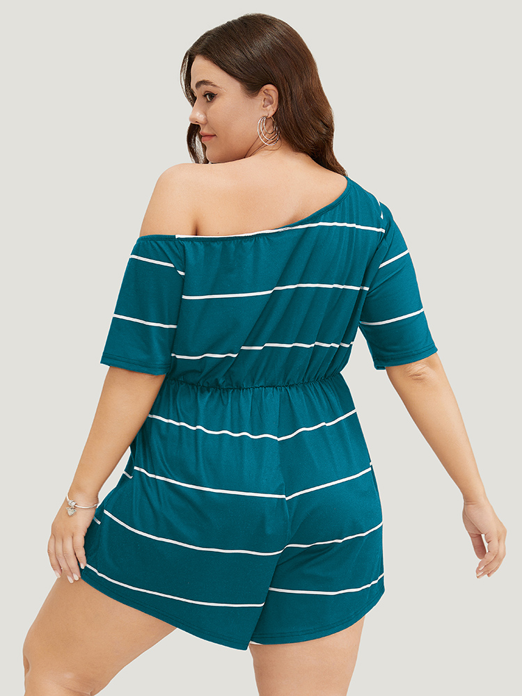 

Plus Size Cerulean Striped Print Knot Pocket Tassels One Shoulder Romper Women Casual Short sleeve One Shoulder Dailywear Loose Jumpsuits BloomChic