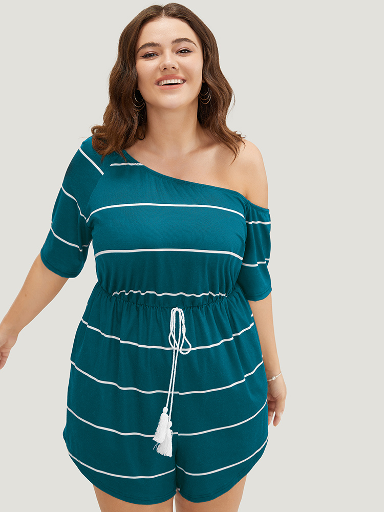 

Plus Size Cerulean Striped Print Knot Pocket Tassels One Shoulder Romper Women Casual Short sleeve One Shoulder Dailywear Loose Jumpsuits BloomChic