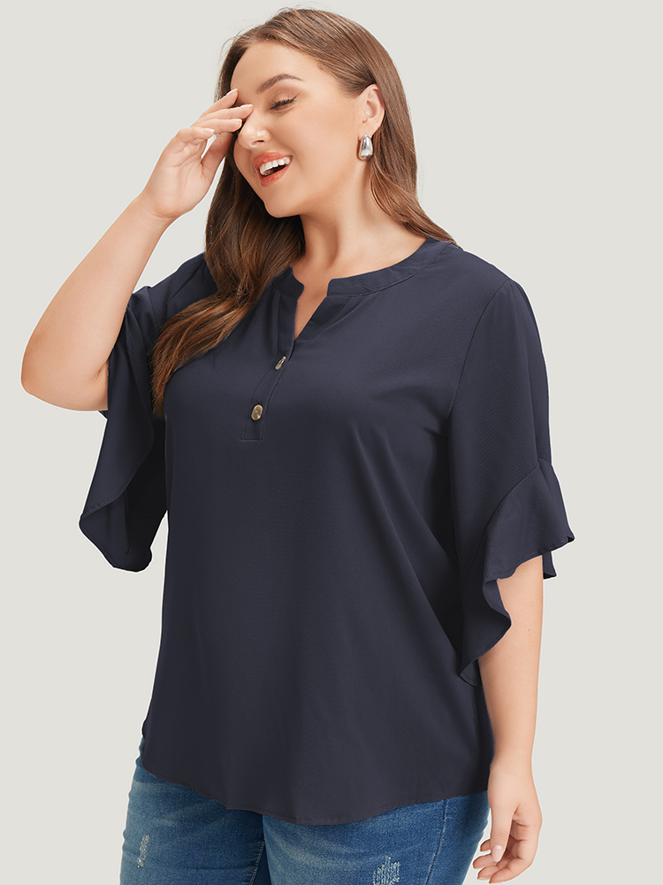 

Plus Size Indigo Anti-Wrinkle Plain Notched Flutter Sleeve Button Up Blouse Women Office Short sleeve Notched collar Work Blouses BloomChic