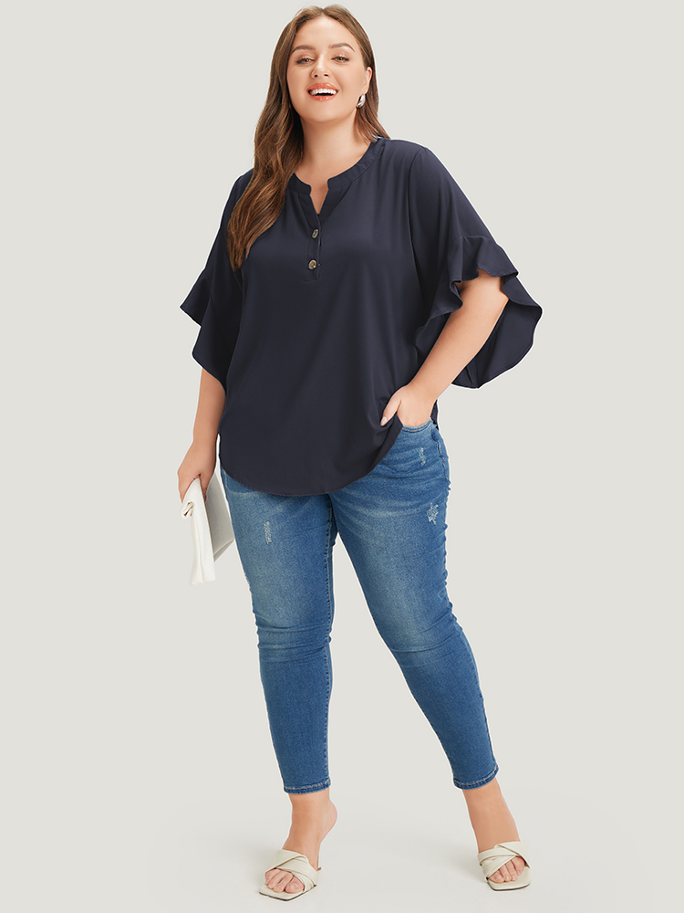 

Plus Size Indigo Anti-Wrinkle Plain Notched Flutter Sleeve Button Up Blouse Women Office Short sleeve Notched collar Work Blouses BloomChic