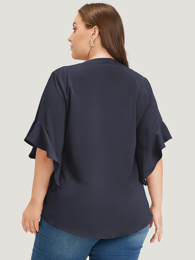 Plus Size Indigo Anti-Wrinkle Plain Notched Flutter Sleeve Button Up Blouse Women Office Short sleeve Notched collar Work Blouses BloomChic 12/L 