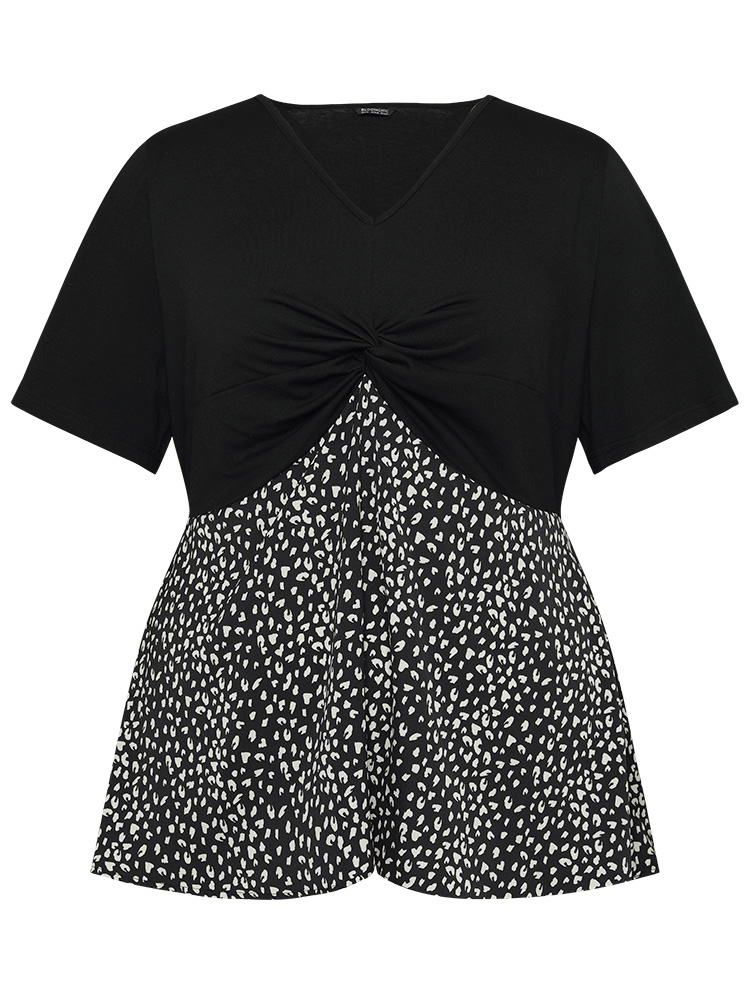 Plus Size Women Dailywear Leopard Patchwork Ruffle Sleeve Short sleeve V-neck Elegant Blouses BloomChic 