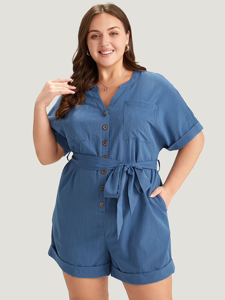 

Plus Size Stone Anti-Wrinkle Solid Patched Pocket Notched Button Up Belt Romper Women Office Short sleeve Notched collar Work Loose Jumpsuits BloomChic