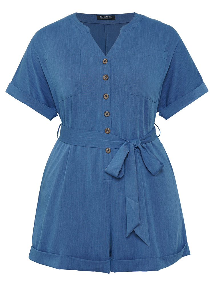 Plus Size Women Work Plain Button Regular Pocket Belt Office Jumpsuits BloomChic 