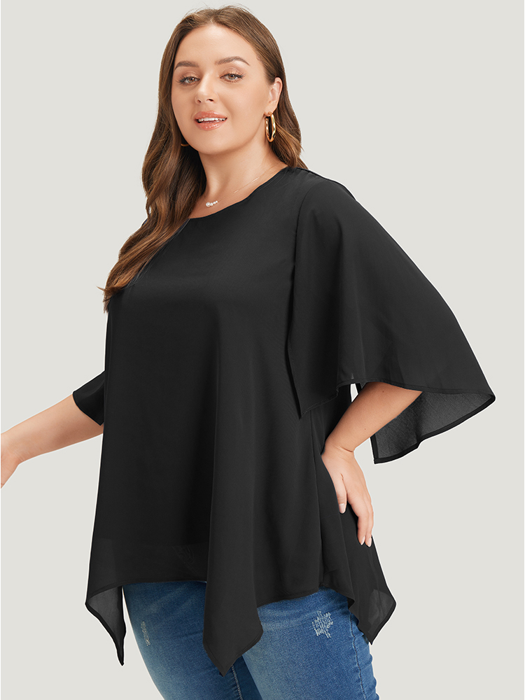 

Plus Size Black Anti-Wrinkle Plain Mesh Flutter Sleeve Hanky Hem Blouse Women Office Elbow-length sleeve Round Neck Dailywear Blouses BloomChic