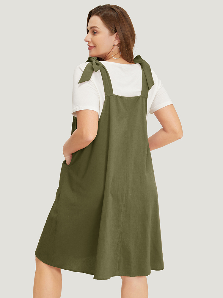 

Plus Size Solid Pleated Hem Pocket Tie Shoulder Overall Dress ArmyGreen Women Casual Pleated Spaghetti Strap Sleeveless Curvy Knee Dress BloomChic