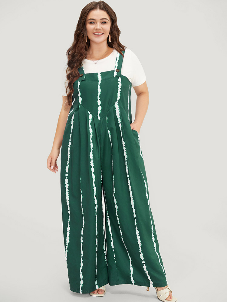 

Plus Size DarkGreen Tie Dye Pocket Pleated Detail Overall Jumpsuit Women Vacation Sleeveless Spaghetti Strap Dailywear Loose Jumpsuits BloomChic