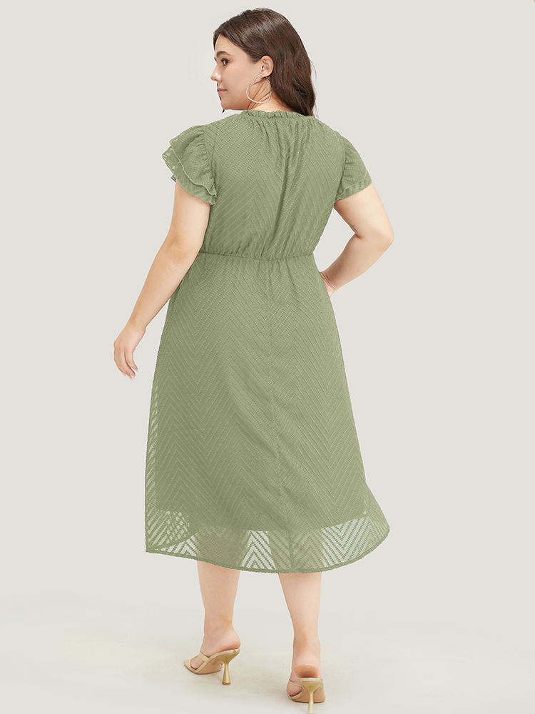 

Plus Size Plain Geometric Layered Sleeve Pocket Ruffle Mock Neck Dress Sage Women Office See through Round Neck Cap Sleeve Curvy Midi Dress BloomChic