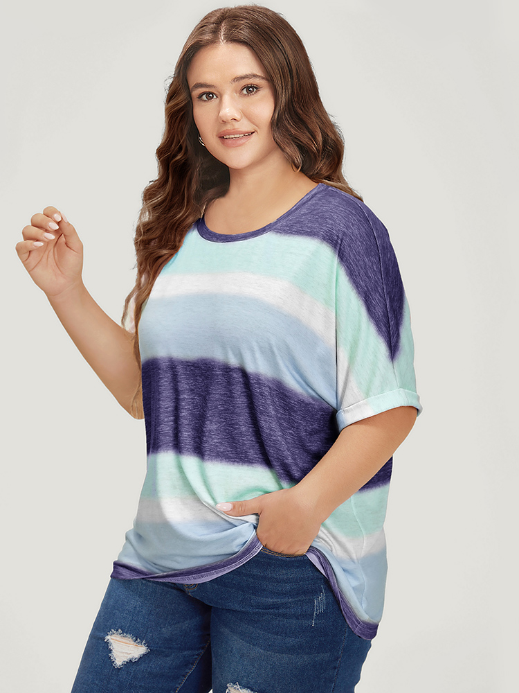 

Plus Size Striped Contrast Roll Dolman Sleeve T-shirt DarkBlue Women Casual Contrast Striped Round Neck Everyday T-shirts BloomChic