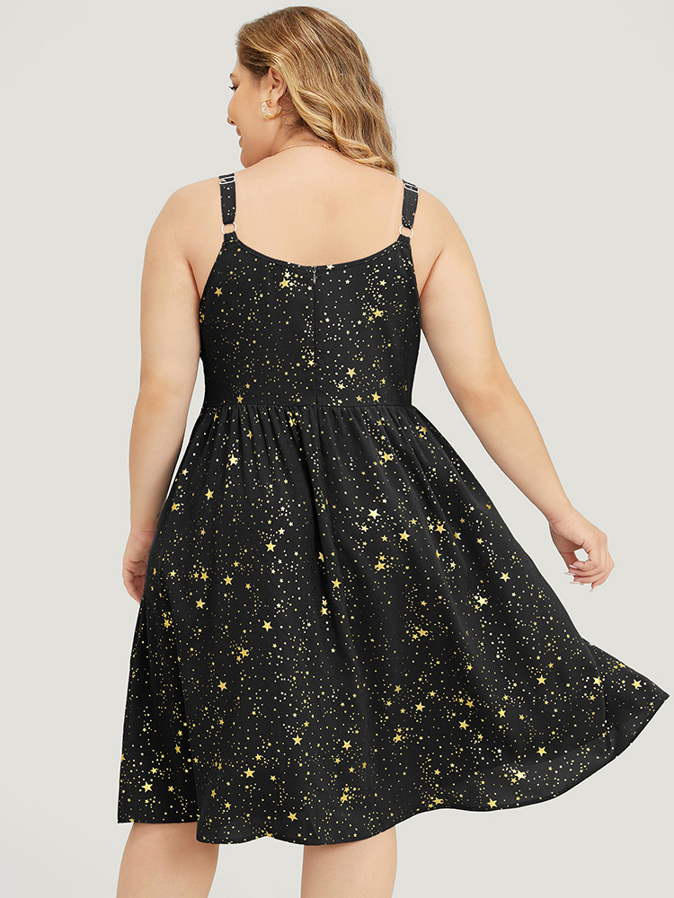 

Plus Size Star Print Pocket Notched Flutter Hem Glitter Cami Dress Black Women Party Adjustable Straps Spaghetti Strap Sleeveless Curvy Knee Dress BloomChic