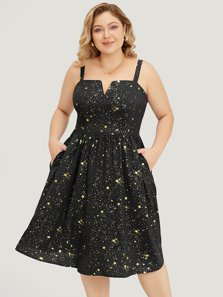 Plus Size Star Print Pocket Notched Flutter Hem Glitter Cami Dress Black Women Party Adjustable Straps Spaghetti Strap Sleeveless Curvy Knee Dress BloomChic 14-16/1X 