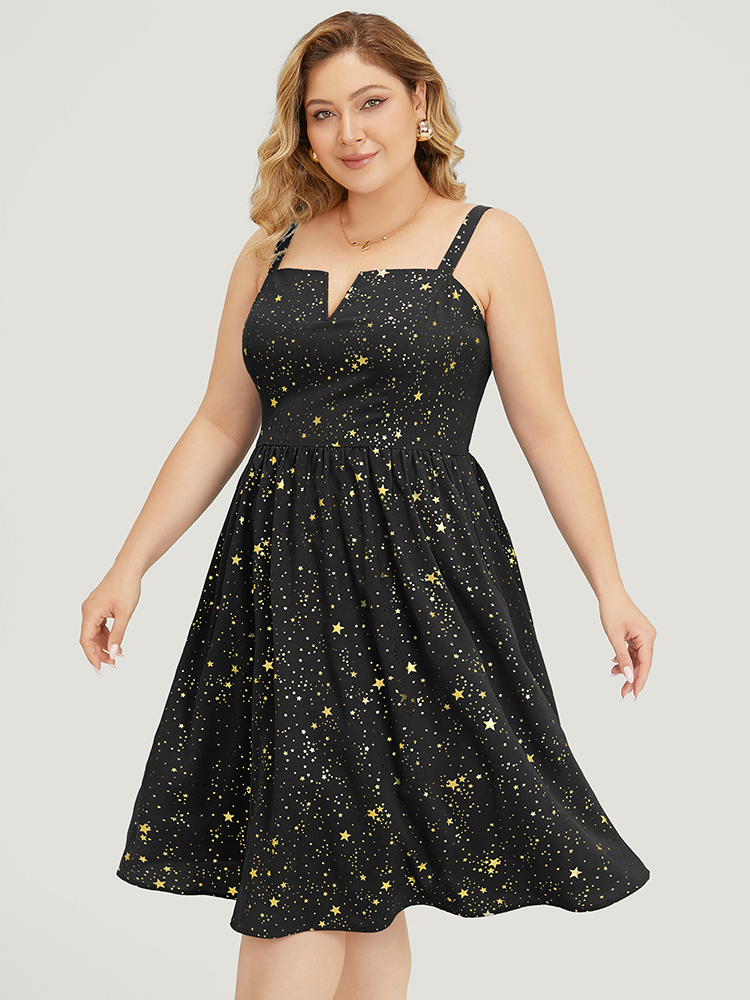Plus Size Star Print Pocket Notched Flutter Hem Glitter Cami Dress Black Women Party Adjustable Straps Spaghetti Strap Sleeveless Curvy Knee Dress BloomChic 14-16/1X 