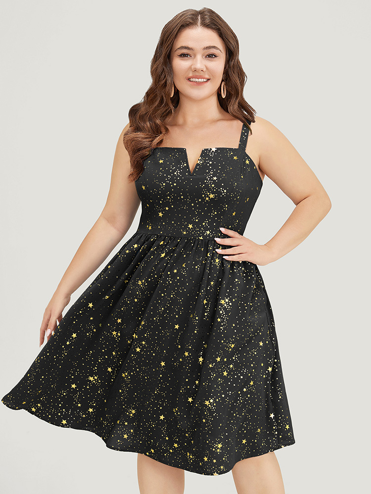 Plus Size Star Print Pocket Notched Flutter Hem Glitter Cami Dress Black Women Party Adjustable Straps Spaghetti Strap Sleeveless Curvy Knee Dress BloomChic 14-16/1X 