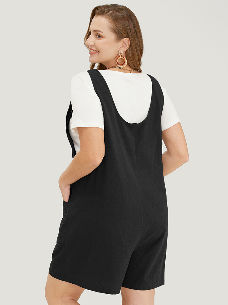 

Plus Size Black Solid Pocket Button Detail Knot Shoulder Overall Romper Women Casual Sleeveless Tie Neck Dailywear Loose Jumpsuits BloomChic