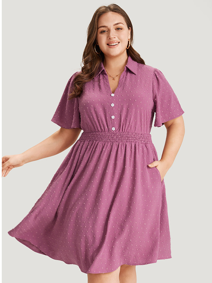 

Plus Size Plain Pocket Shirt Collar Shirred Button Detail Dress Purple Women Office Button Shirt collar Short sleeve Curvy Knee Dress BloomChic