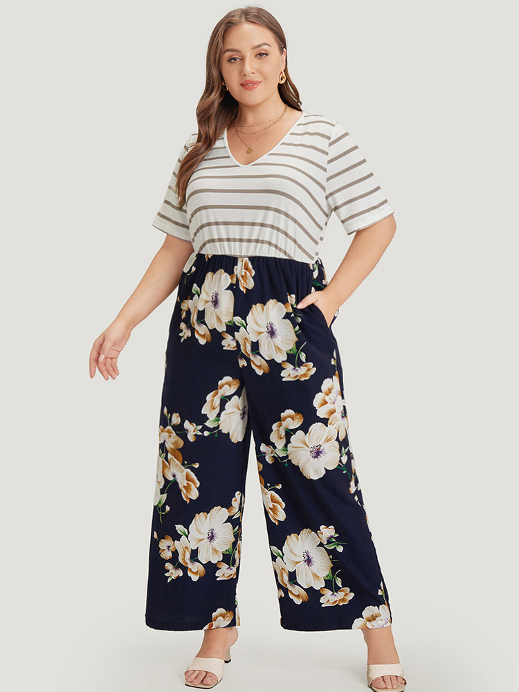 Plus Size Women Dailywear Striped Patchwork Regular Pocket Elegant Jumpsuits BloomChic 